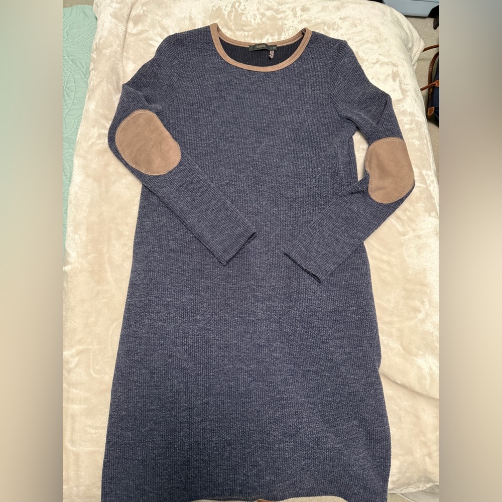 Blue Knit Dress with Tan Elbow Patches